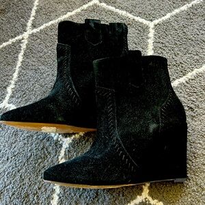 Rebecca Minkoff black suede wedge booties as 7